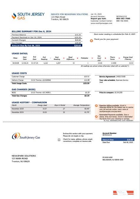 USA New Jersey gas business utility bill template in Word and PDF formats